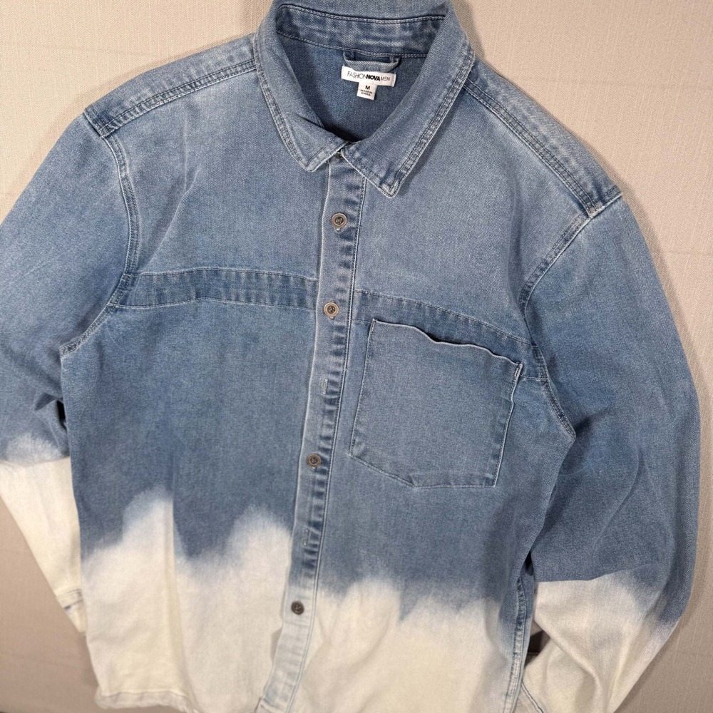 Men Dip Dye Denim Button Down Shirt Medium Blue White Size M Fashion Nova